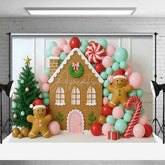 Aperturee Aperturee Christmas Gingerbread House Photography Backdrop Pastel Balloon Garland and Xmas Tree Kids Holiday Photo Prop